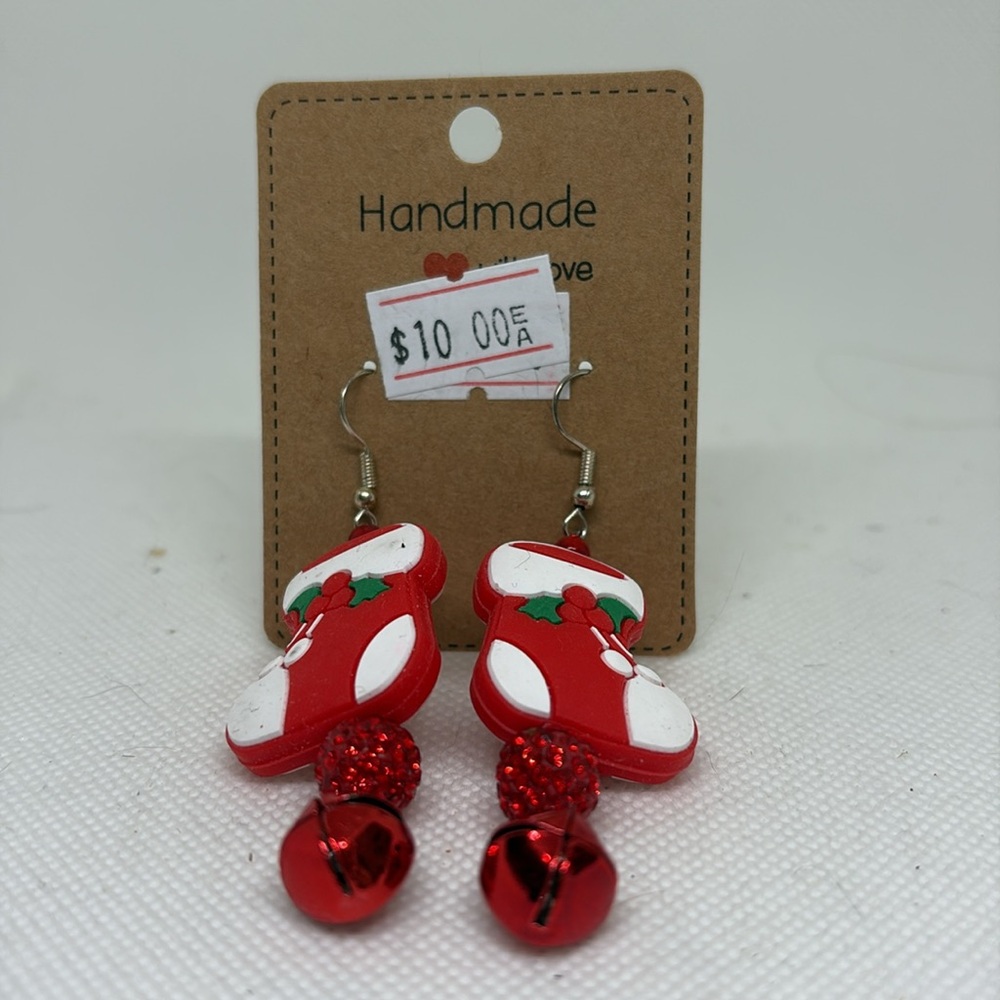 Handmade Christmas Stocking Rhinestone Bell Earrings - Picture 7 of 13